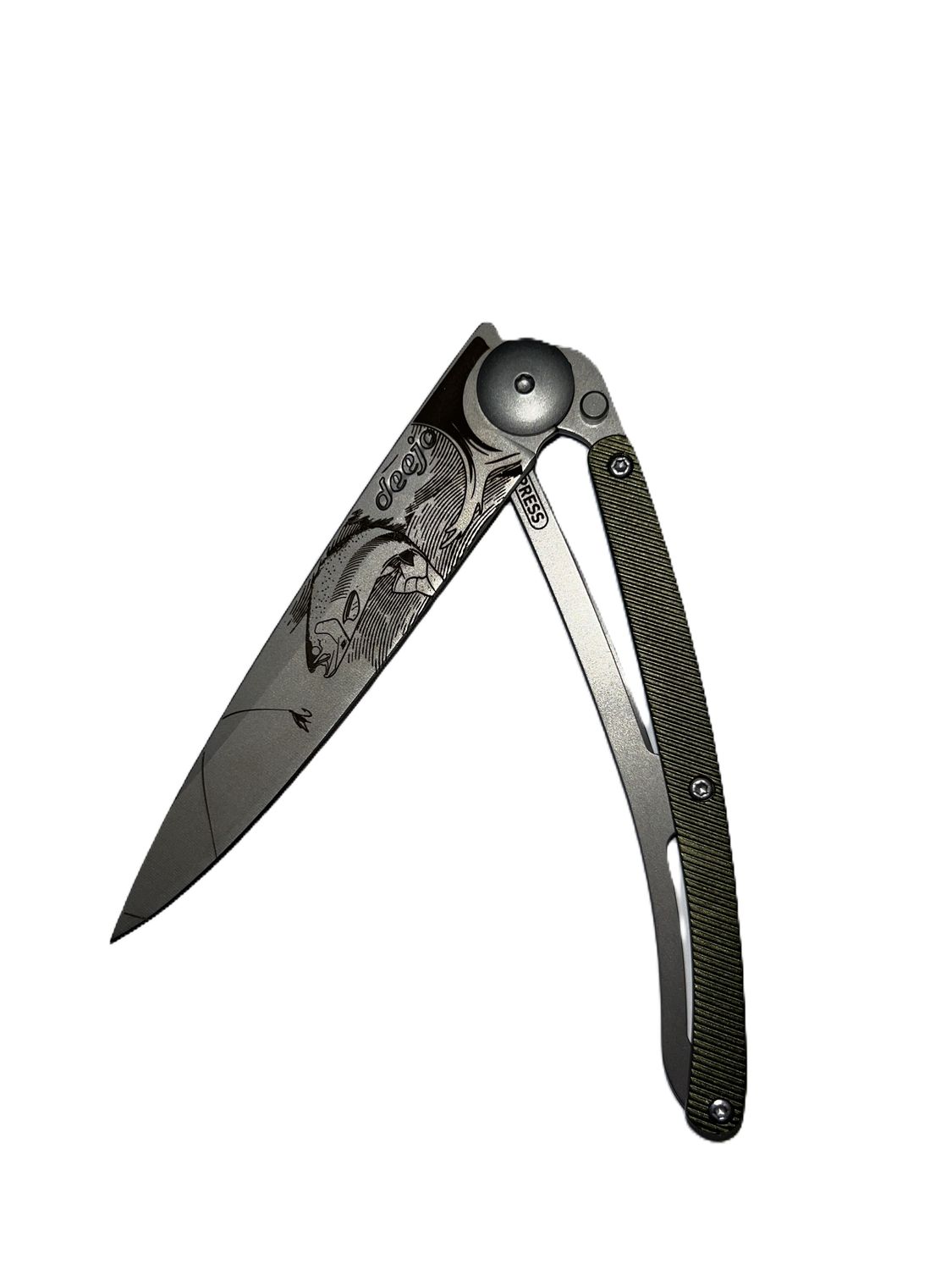 MAIN IMAGE OF DEEJO 37G TROUT KNIFE IN GREEN KHAKI ALUMINUM WITH ULTRA LIGHTWEIGHT AND DURABILITY