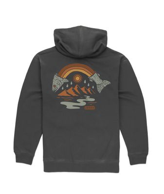 BACK VIEW OF JETTY MENS RAINBOW TROUT HOODIE WITH MIDWEIGHT FLEECE AND BREATHABILITY