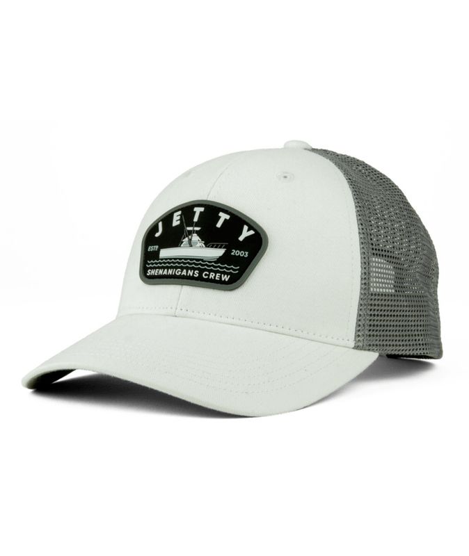 FRONT VIEW OF JETTY UNISEX SHENANIGANS TRUCKER CAP WITH BREATHABILITY AND ADJUSTABLE SNAP CLOSURE