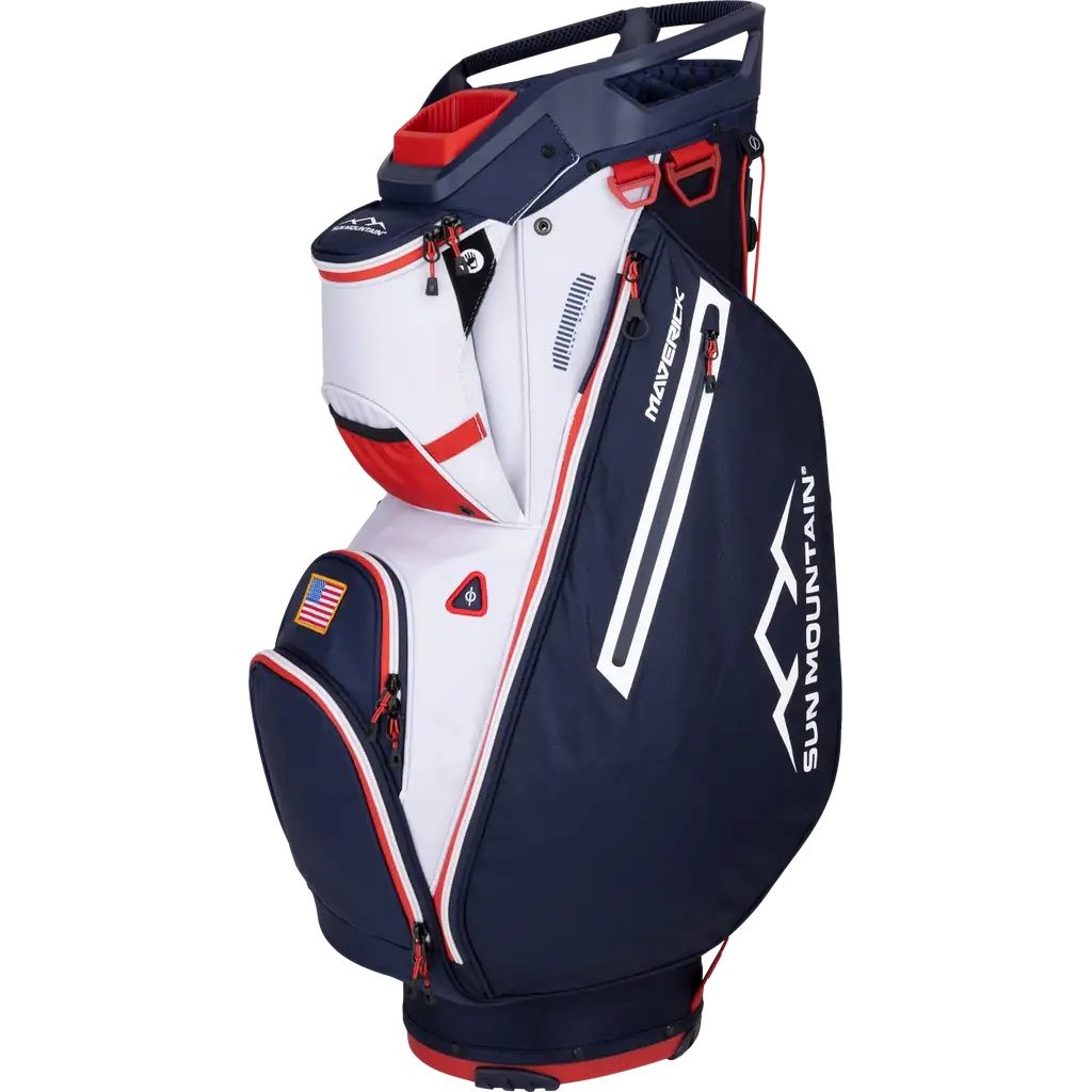 MAIN IMAGE OF SUN MOUNTAIN MAVERICK 14-WAY CART BAG IN NAVY/WHITE/RED WITH MAXIMUM STORAGE AND FULL-LENGTH CLUB DIVIDERS