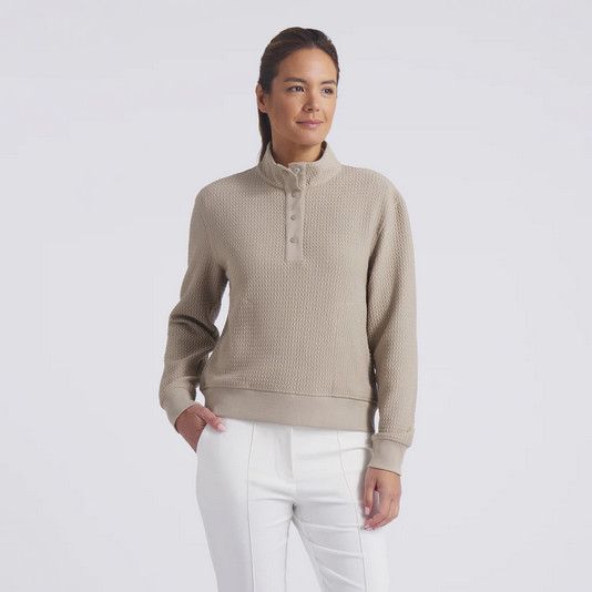 MAIN IMAGE OF PUMA WOMENS BOULDER 1/2 SNAP PULLOVER SWEATER IN ICE COFFEE XL WITH ULTRA-SOFT FEEL