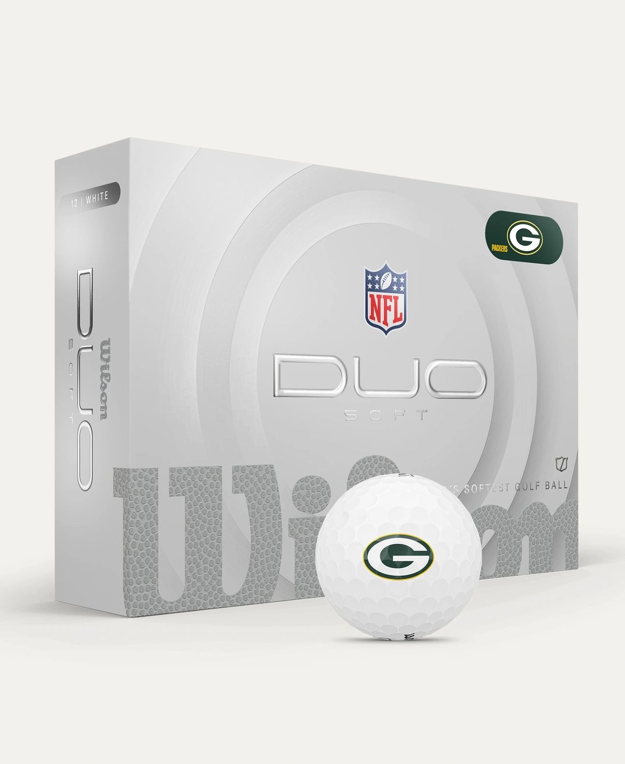 MAIN IMAGE VIEW OF WILSON DUO SOFT NFL GOLF BALL IN WHITE/GREEN BAY PACKERS DOZEN WITH MAXIMUM DISTANCE AND STRAIGHTER FLIGHT
