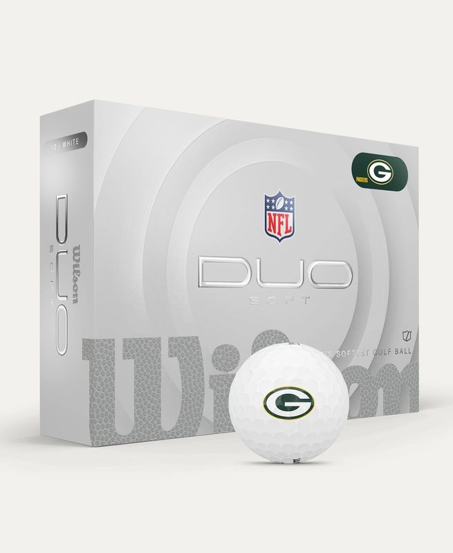 BOX VIEW OF WILSON DUO SOFT NFL GOLF BALL FEATURES MAXIMUM DISTANCE, STRAIGHTER FLIGHT, AND WORLD&#39;S SOFTEST GOLF BALL