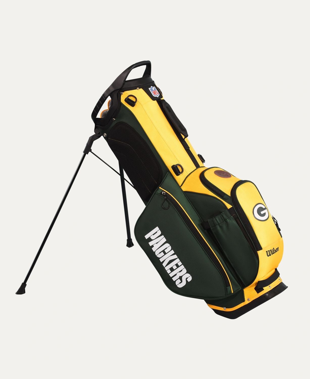 MAIN IMAGE OF WILSON NFL 14-WAY STAND BAG IN GREEN/GOLD/GREEN BAY PACKERS WITH SHOULDER STRAPS AND QUICK-ACTIVATION LEGS