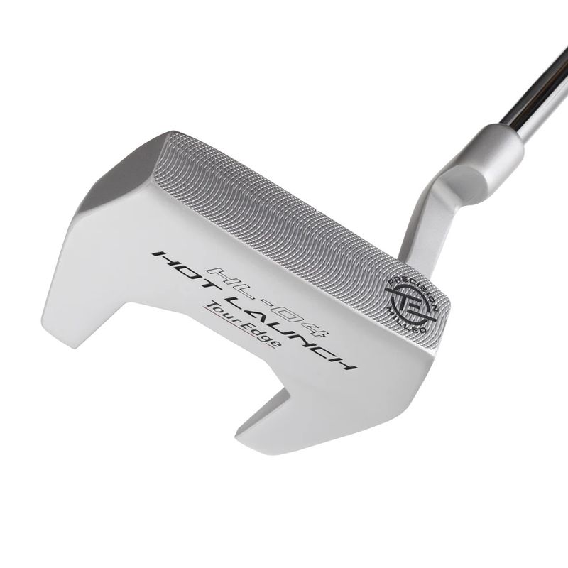 FACE VIEW OF TOUR EDGE HOT LAUNCH HL04 MALLET PUTTER FEATURES MILLED FACE, ALIGHMENT AID, AND MALLE…