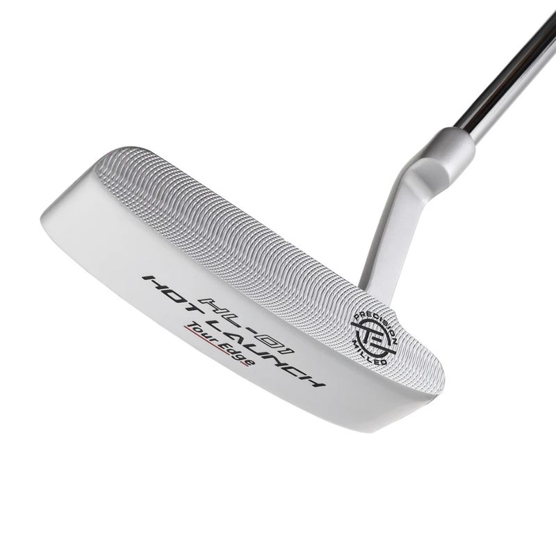 FACE VIEW OF TOUR EDGE HOT LAUNCH HL01 BLADE PUTTER FEATURES MILLED FACE, ALIGHMENT AID, AND BLADE …