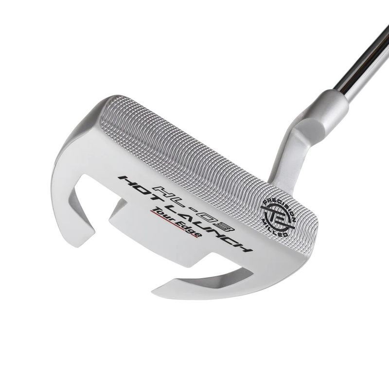 FACE VIEW OF TOUR EDGE HOT LAUNCH HL03 MALLET PUTTER FEATURES MILLED FACE, ALIGHMENT AID, AND MALLE…