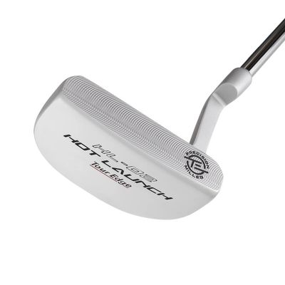 FACE VIEW OF TOUR EDGE HOT LAUNCH HL02 MALLET PUTTER FEATURES MILLED FACE, ALIGHMENT AID, AND MIDSI…