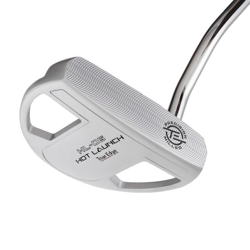 FACE VIEW OF TOUR EDGE HOT LAUNCH HL06 MALLET PUTTER FEATURES MILLED FACE, ALIGHMENT AID, AND MALLE…