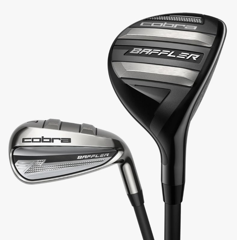 HYBRID AND IRON VIEW OF COBRA BAFFLER IRON SET FEATURES MAXIMUM FORGIVENESS, EASY LAUNCH, AND MORE SPEED ACROSS THE FACE