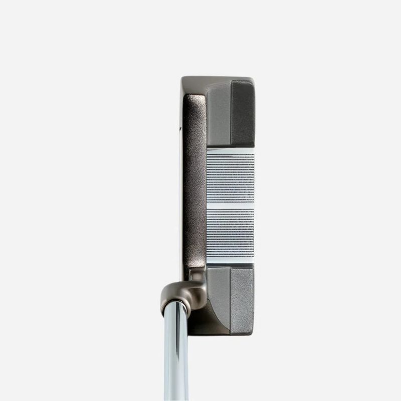 ADDRESS VIEW OF TOUR EDGE HP SERIES BLACK NICKEL 01 BLADE PUTTER FEATURES SOFT FEELING FACE INSERT …