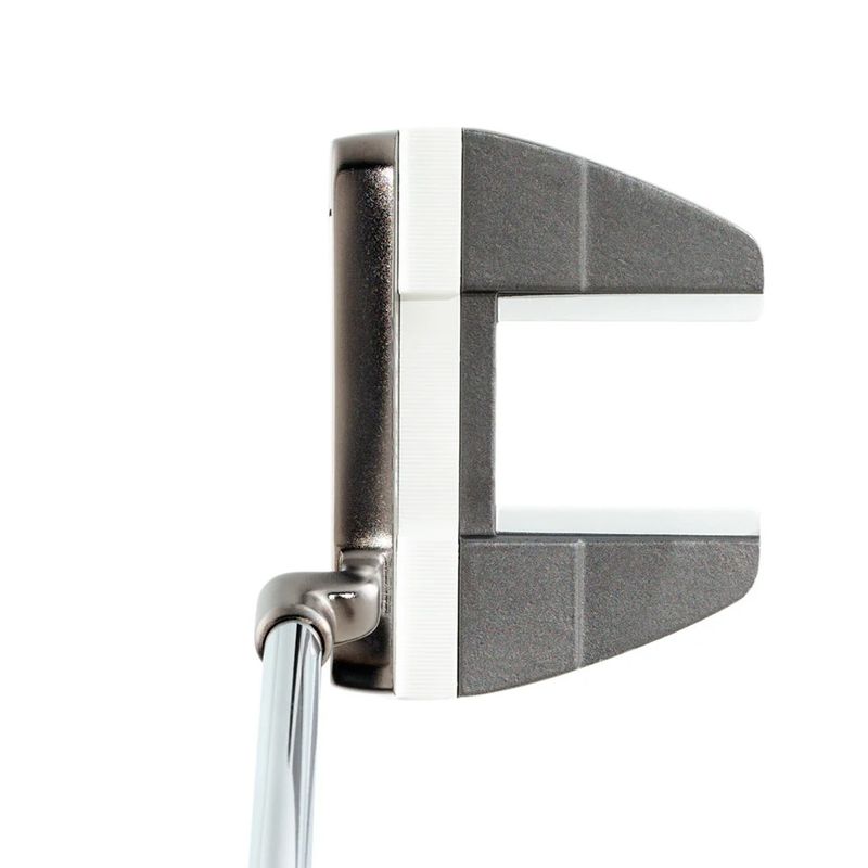 ADDRESS VIEW OF TOUR EDGE HP SERIES BLACK NICKEL 02 MALLET PUTTER FEATURES SOFT FEELING FACE INSERT…