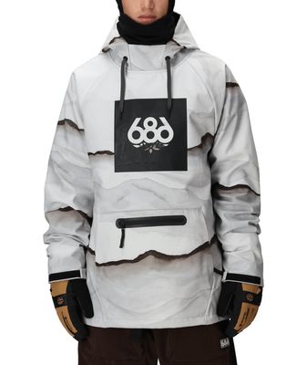 FRONT VIEW OF 686 MENS WATERPROOF HOODIE FEATURES WATERPROOFING, PHONE STORAGE, AND ZIPPERED KANGAR…