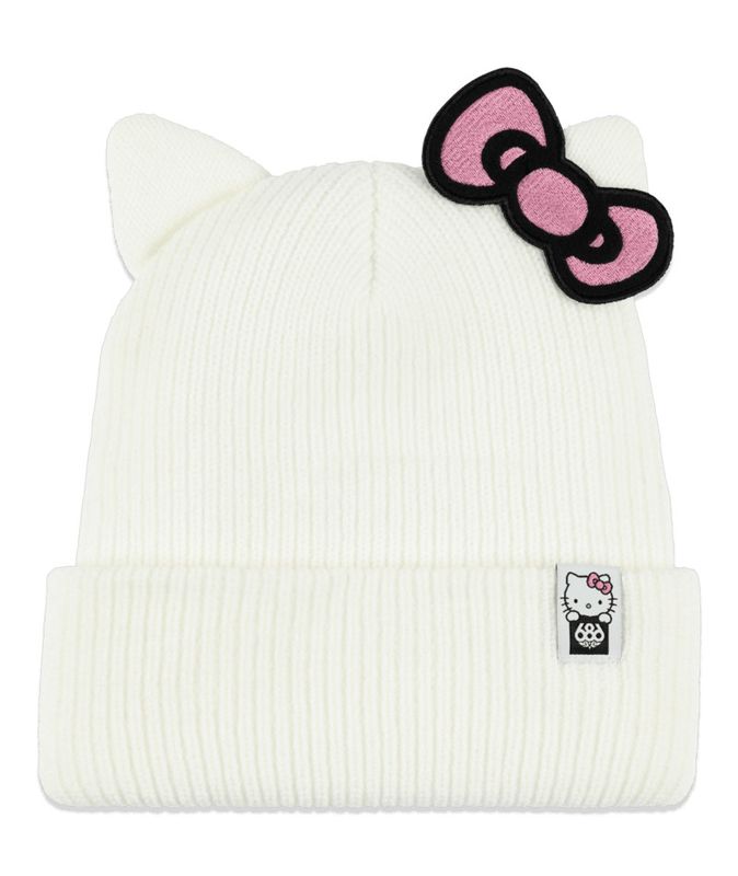 FRONT VIEW OF 686 WOMENS HELLO KITTY BEANIE WINTER HAT FEATURES 4-WAY STRETCH FABRIC AND 100% ACRYL…