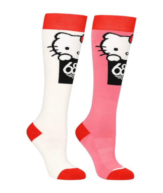 FRONT VIEW OF 686 WOMENS HELLO KITTY (2-PACK) SOCKS FEATURES QUICK-DRYING, MID-WEIGHT CUSHIONING, A…