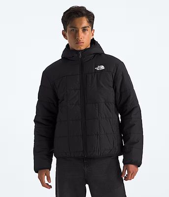 FRONT VIEW OF THE NORTH FACE YOUTH BOYS' REVERSIBLE SHASTA FULL ZIP HOODED WINTER JACKET FEATURES W…