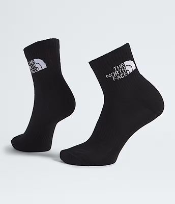 FRONT VIEW OF THE NORTH FACE UNISEX MULTISPORT CUSH QUARTER (3-PACK) SOCKS FEATURES STRETCH MATERIA…