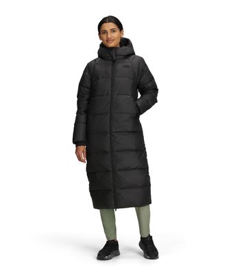 FRONT VIEW OF THE NORTH FACE WOMENS HYDRENALITE™ CITY LONG DOWN HOODED PARKA FEATURES 600-FILL DOWN…