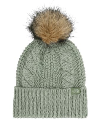 FRONT VIEW OF THE NORTH FACE WOMENS OH MEGA FUR POM BEANIE WINTER HAT FEATURES OVERSIZED FAUX FUR P…