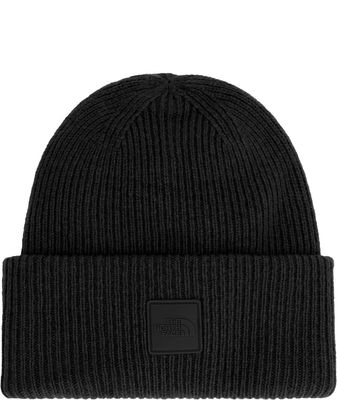 FRONT VIEW OF THE NORTH FACE UNISEX URBAN PATCH BEANIE WINTER HAT FEATURES WARM WOOL-BLEND FABRIC A…