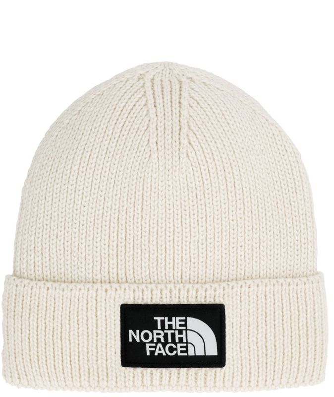 FRONT VIEW OF THE NORTH FACE UNISEX TNF™ LOGO BOX CUFFED BEANIE WINTER HAT FEATURES SOFT YARN FOR A…