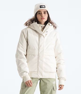 FRONT VIEW OF THE NORTH FACE WOMENS ARCTIC BOMBER WINTER JACKET FEATURES 600-FILL DOWN INSULATION A…