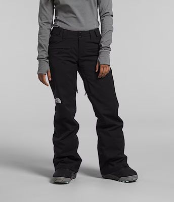FRONT VIEW OF THE NORTH FACE WOMENS FREEDOM STRETCH SNOW PANT FEATURES INCREASED MOBILITY AND WATER…