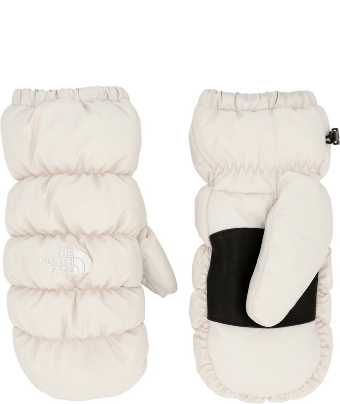 PALM AND BACK OF HAND VIEW OF THE NORTH FACE UNISEX MONTANA PUFFER MITTEN FEATURES WATERPROOFING AN…
