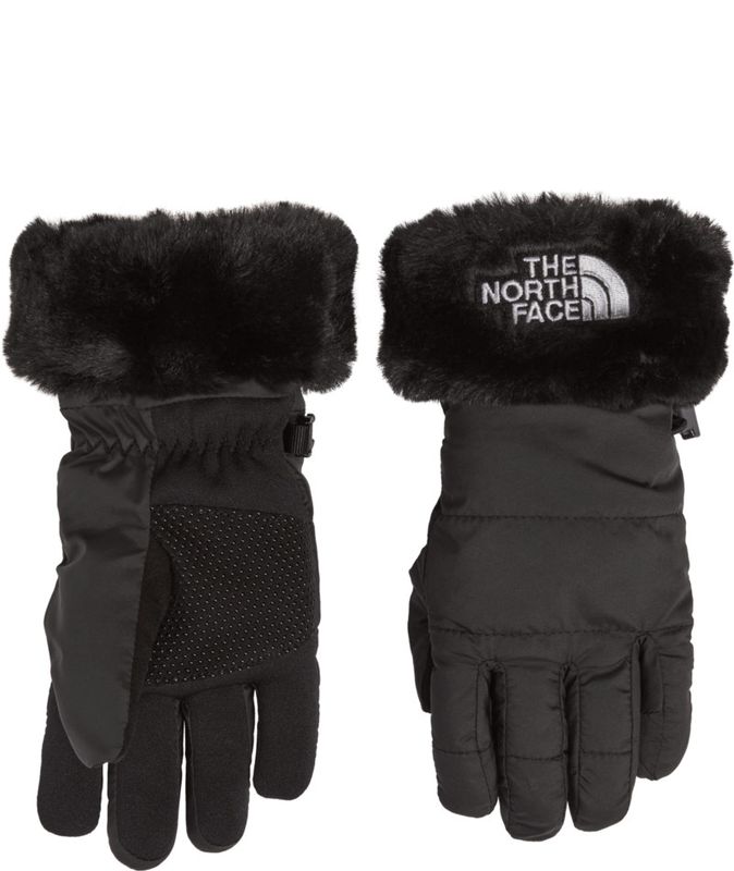 PALM AND BACK OF HAND VIEW OF THE NORTH FACE YOUTH GIRLS&#39; SHASTA GLOVE FEATURES COZY FLEECE CUFF LI…