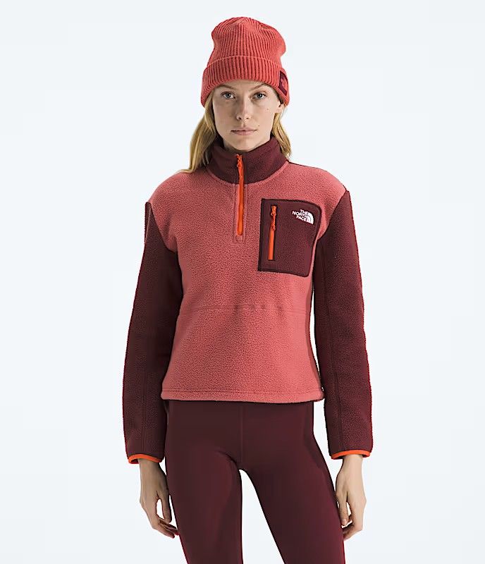 FRONT VIEW OF THE NORTH FACE WOMENS YUMIORI ¼ ZIP SWEATER FEATURES INCREASED WARMTH AND SOFT FLEECE…