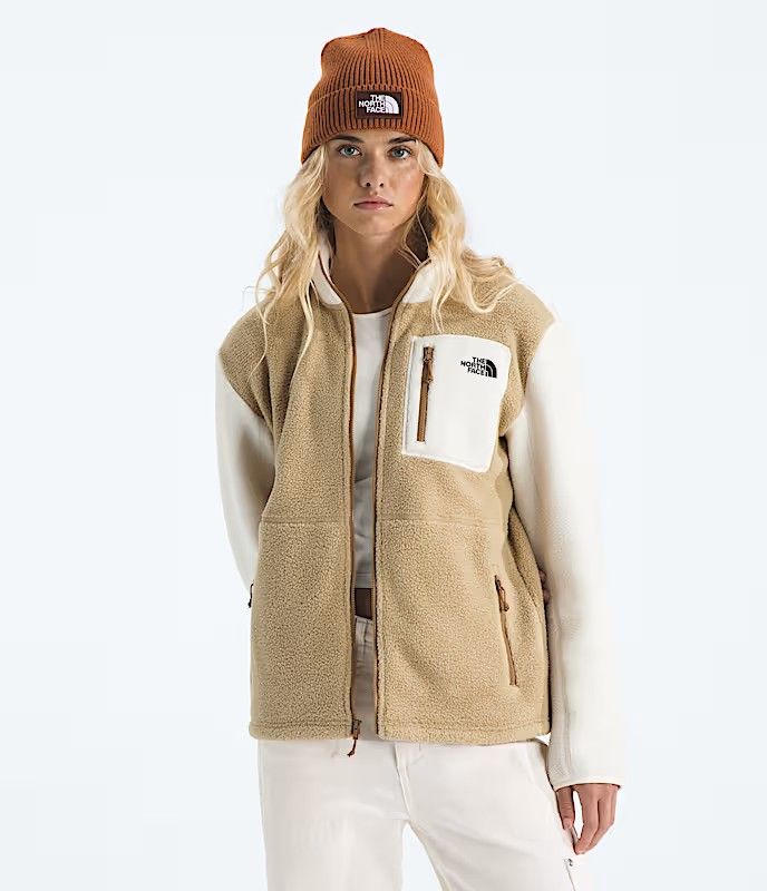 FRONT VIEW OF THE NORTH FACE WOMENS YUMIORI FULL ZIP SWEATER FEATURES INCREASED WARMTH AND SOFT FLE…