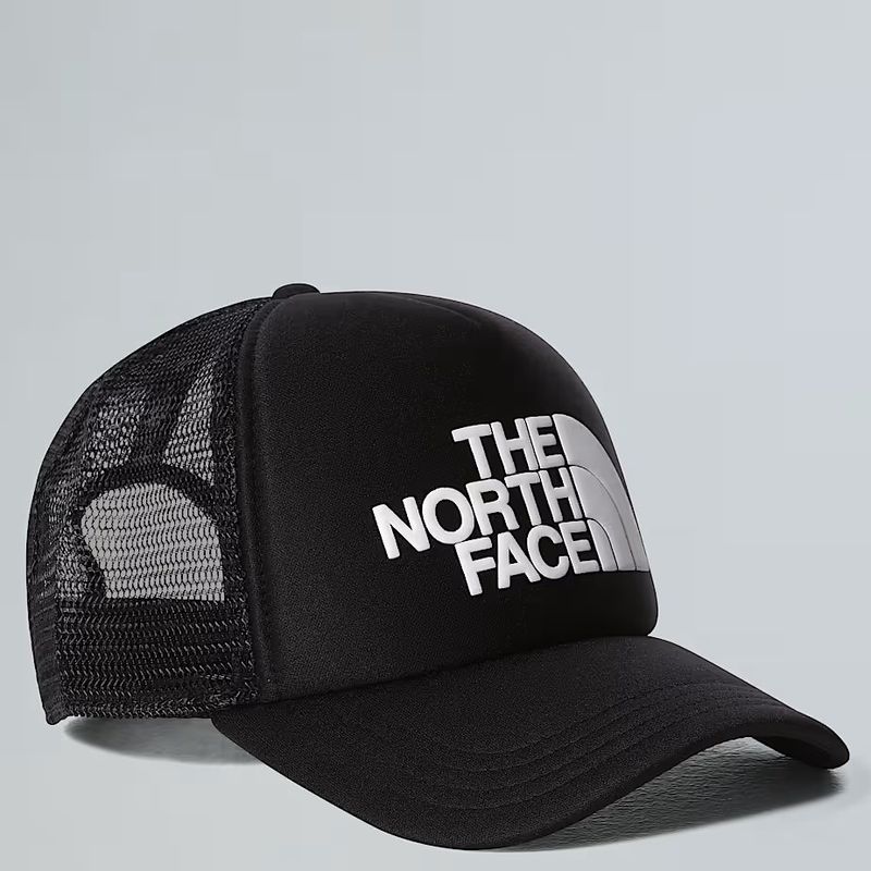 FRONT VIEW OF THE NORTH FACE TNF LOGO TRUCKER FEATURES QUICK DRYING MOISTURE MANAGEMENT AND ADJUSTA…
