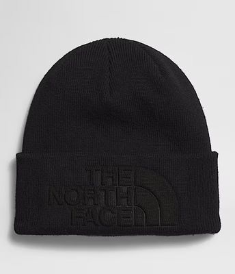 FRONT VIEW OF THE NORTH FACE UNISEX URBAN EMBOSSED BEANIE WINTER HAT FEATURES ROOMY FIT AND COLD-WE…