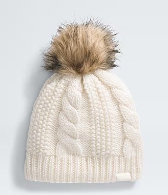 FRONT VIEW OF THE NORTH FACE WOMENS OH MEGA FUR POM LINED BEANIE WINTER HAT FEATURES ROOMY FIT AND …
