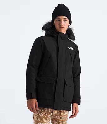 FRONT VIEW OF THE NORTH FACE YOUTH BOYS&#39; MCMURDO PARKA WINTER JACKET FEATURES WATERPROOFING AND 600…