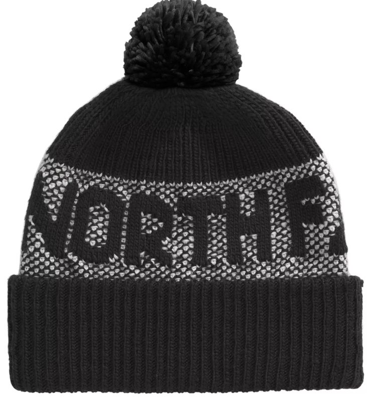 FRONT VIEW OF THE NORTH FACE UNISEX RETRO CABIN BEANIE WINTER HAT FEATURES ROOMY FIT AND ADDED WARM…