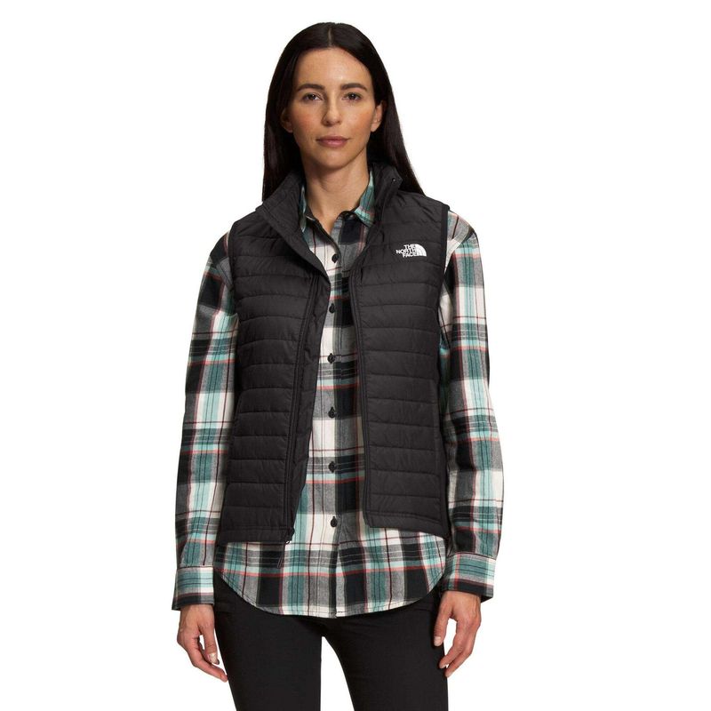 FRONT VIEW OF THE NORTH FACE WOMENS CANYONLANDS HYBRID VEST FEATURES WATER REPELLENCY AND WARM INSU…