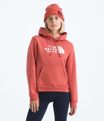 FRONT VIEW OF THE NORTH FACE WOMENS EVOLUTION SKETCH LOGO HALF DOME GRAPHIC HOODIE FEATURES ADDED C…