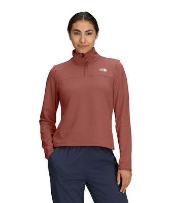 FRONT VIEW OF THE NORTH FACE WOMENS CEDAR TRAIL GRID FLEECE ¼ ZIP SWEATER FEATURES SOFT FLEECE FABR…