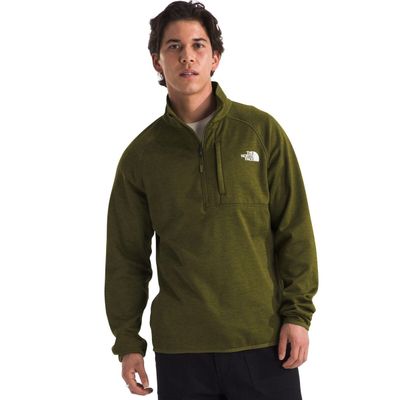 FRONT VIEW OF THE NORTH FACE MENS CANYONLANDS ½ ZIP SWEATER FEATURES SOFT FLEECE FABRIC AND LIGHTWE…