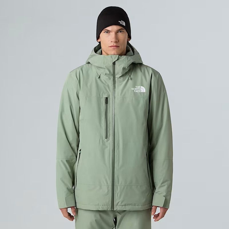 FRONT VIEW OF THE NORTH FACE MENS DESCENDIT WINTER JACKET FEATURES WATERPROOFING AND HELMET-COMPATI…