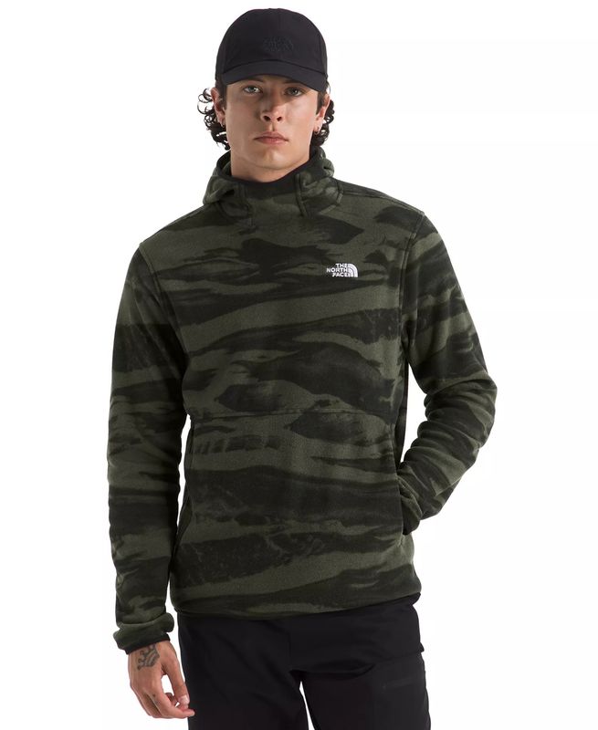 FRONT VIEW OF THE NORTH FACE MENS GLACIER FLEECE PULLOVER HOODIE FEATURES ADDED COMFORT AND KANGARO…