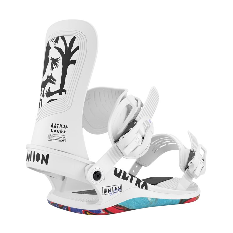 SIDE VIEW OF UNION MENS ULTRA SNOWBOARD BINDING FEATURES SUSPENSION SYSTEM FOR IMPACT ABSORPTION AN…