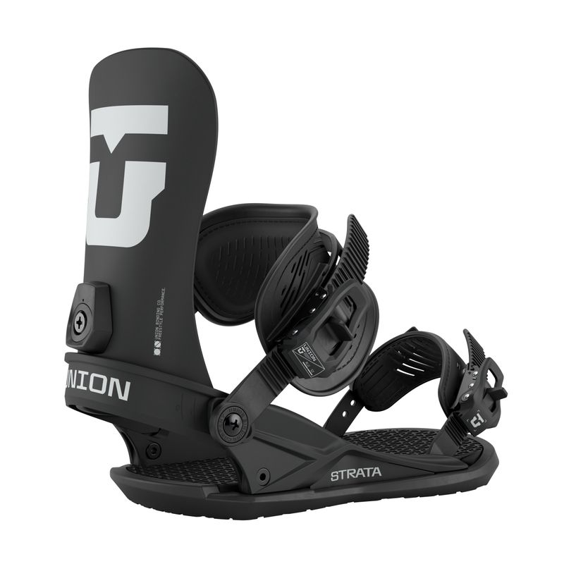 SIDE VIEW OF UNION MENS STRATA SNOWBOARD BINDING FEATURES INDUSTRY-LEADING SHOCK ABSORPTION AND BUT…