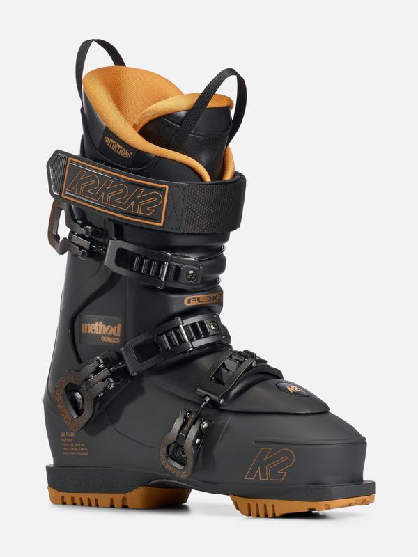 FRONT VIEW OF K2 UNISEX METHOD DOWNHILL SKI BOOT FEATURES FORGIVING FLEX, CUSTOMIZABLE FIT, AND GRE…
