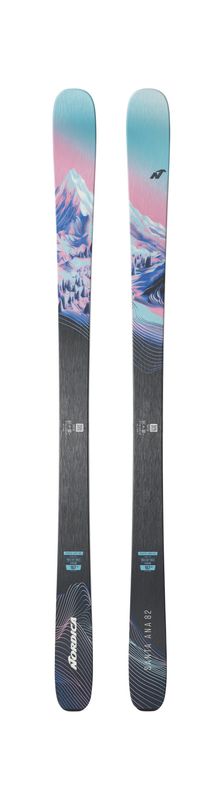 TOPSHEET VIEW OF NORDICA WOMENS SANTA ANA 82 DOWNHILL SKIS FEATURES VERSATILE SHAPE AND WOOD CORE W…