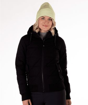FRONT VIEW OF BOULDER GEAR WOMENS PRUE WINTER JACKET FEATURES QUILTED BOMBER-STYLE AND ATTACHED HOO…