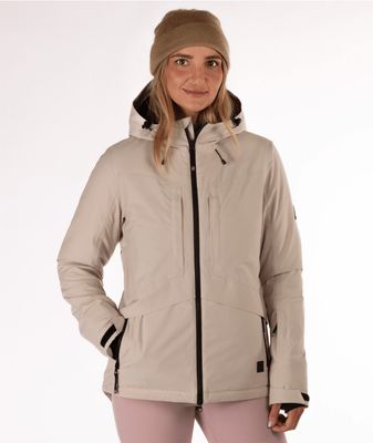FRONT VIEW OF BOULDER GEAR WOMENS WHIMSICAL WINTER JACKET FEATURES ALPINE-INSPIRED DESIGN AND ATTAC…