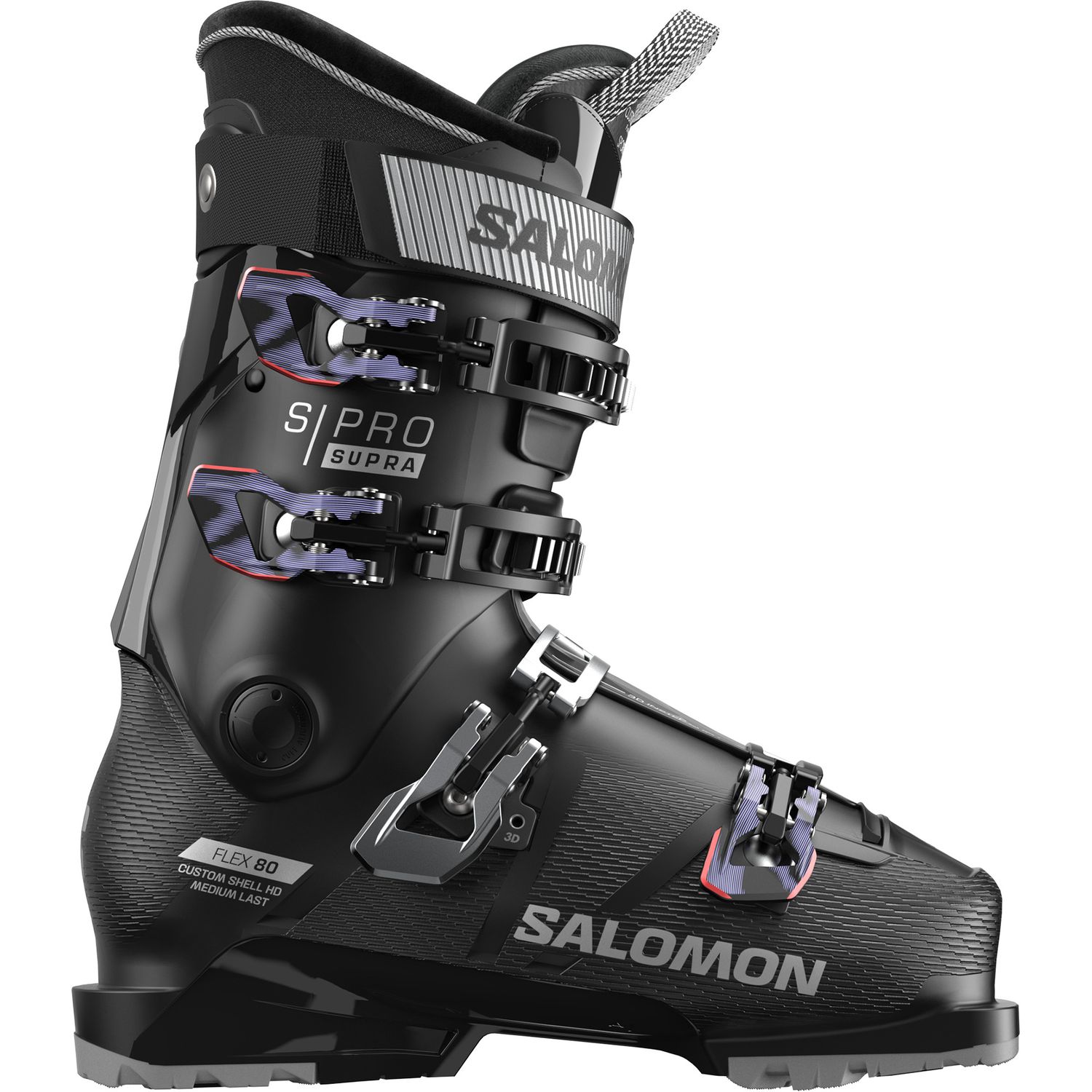 MAIN IMAGE OF SALOMON WOMENS S/PRO SUPRA 80 GW DOWNHILL SKI BOOT IN BLACK/SILVER METALLIC/SWEET LAV…