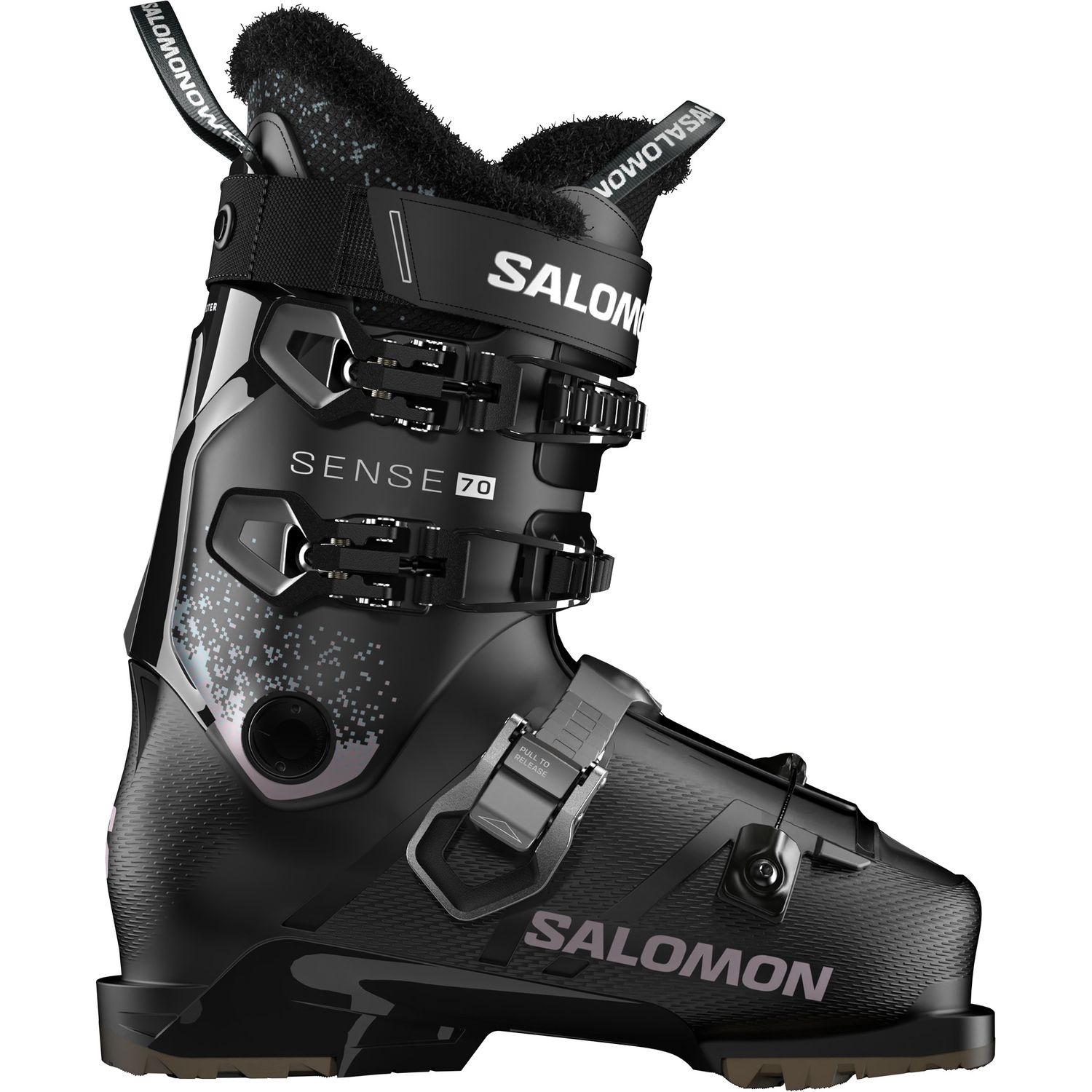 MAIN IMAGE OF SALOMON WOMENS SENSE 70 GW DOWNHILL SKI BOOT IN BLACK/BLACK/OIL GREEN 23.5 WITH SOFT …
